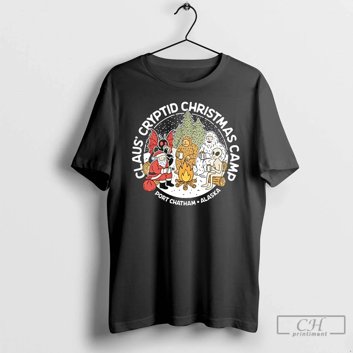 Classic Santa Claus Mothman Bigfoot Campfire Claus Cryptid Christmas Camp Port Chatham Alaska T Shirts - T-Shirt, Sweatshirt, Hoodie