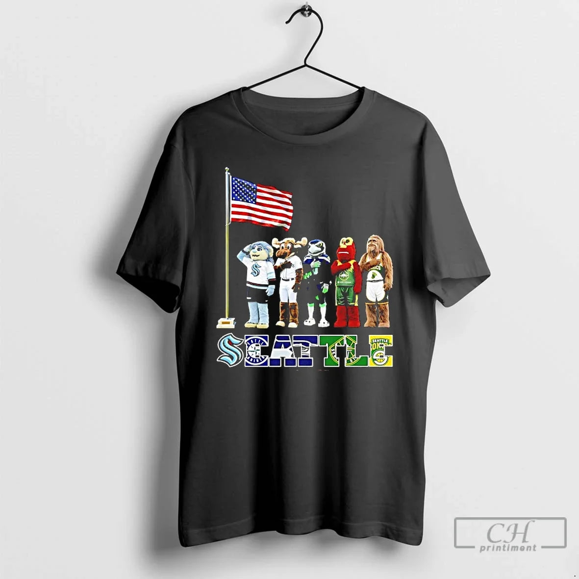 Classic Seattle City Sports Mascot Front Of An American Flag Unisex T-shirt, Sweatshirt, Hoodie, Long Sleeve Tee - T-Shirt, Sweatshirt, Hoodie