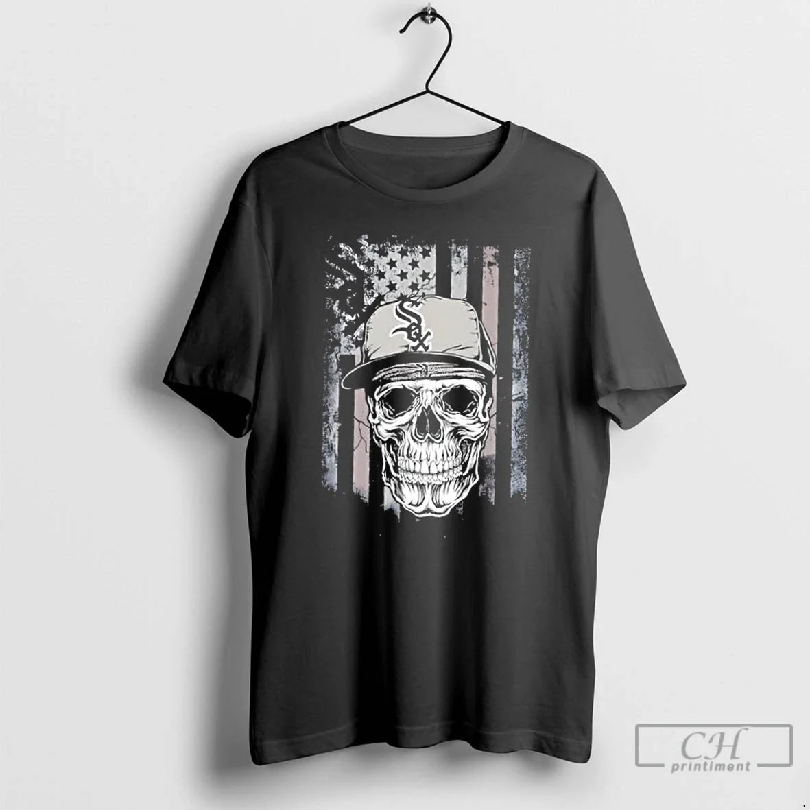 Classic Skull Wearing A Cap Chicago White Sox Us Flag - T-Shirt, Sweatshirt, Hoodie
