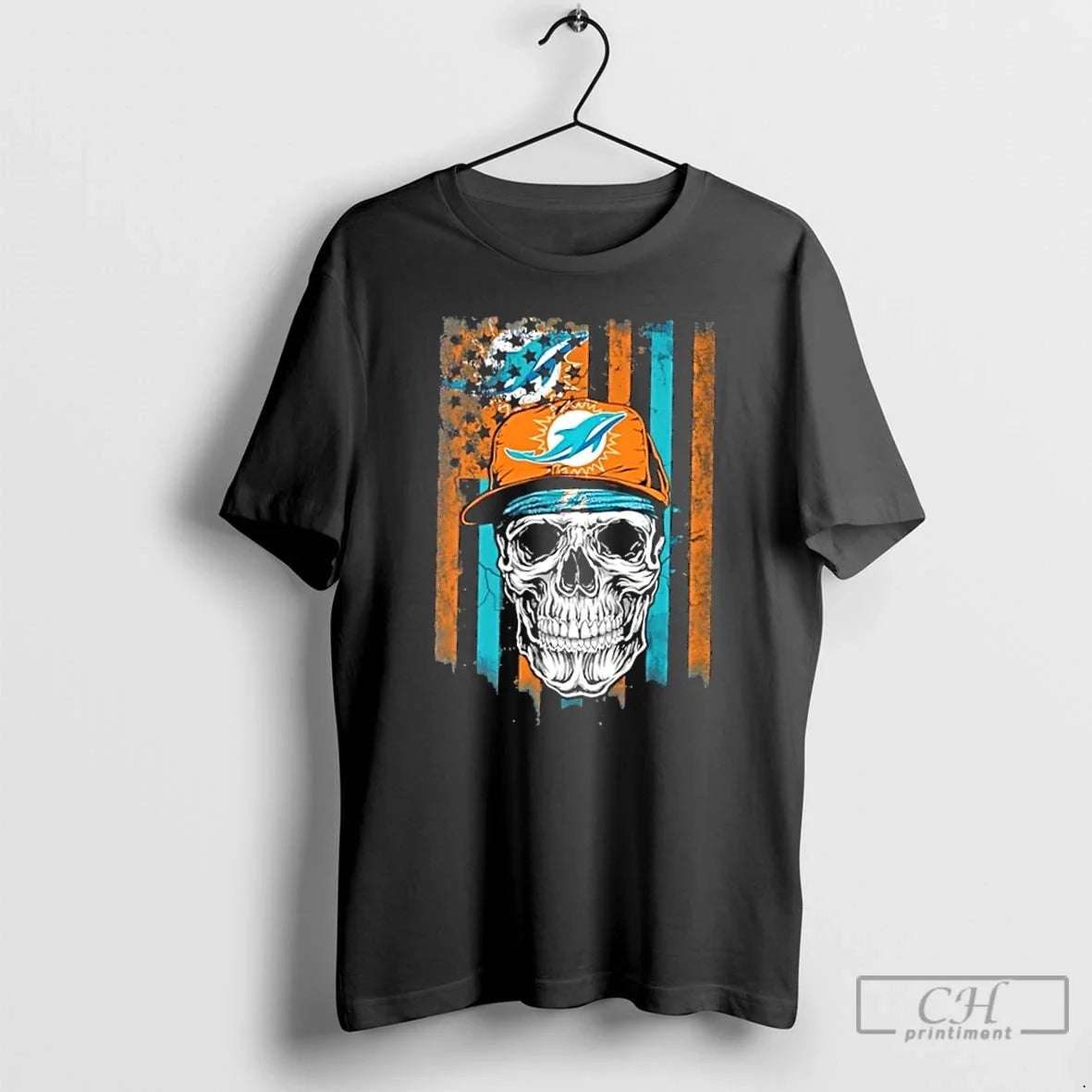 Classic Skull Wearing A Cap Miami Dolphins Us Flag - T-Shirt, Sweatshirt, Hoodie