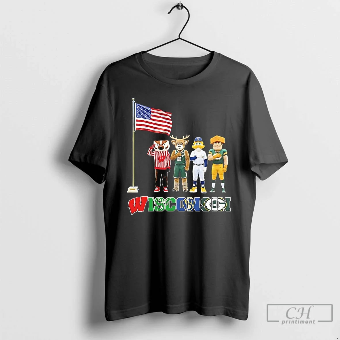 Classic Wisconsin City Sports Mascot Front Of An American Flag Unisex T-shirt, Sweatshirt, Hoodie, Long Sleeve Tee - T-Shirt, Sweatshirt, Hoodie