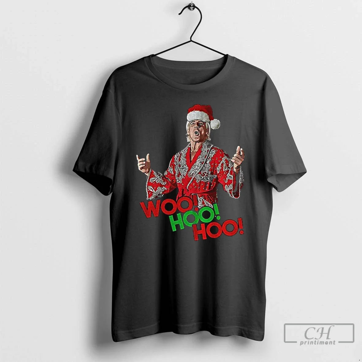 Classic Woo Hoo Hoo Black Christmas Tee With Wrestling Legend Rick Flair In Santa Hat - T-Shirt, Sweatshirt, Hoodie