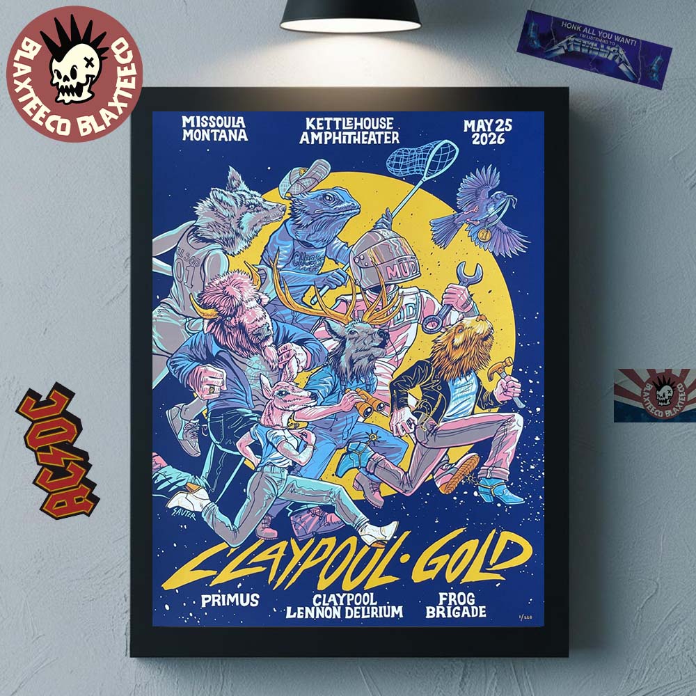 Claypool Gold Primus Claypool Lennon Delirium And Frog Brigade Missoula Montana 2026 Gig Poster At Kettle House Amphitheater On May 25 2026 Poster Canvas - T-Shirt, Sweatshirt, Hoodie