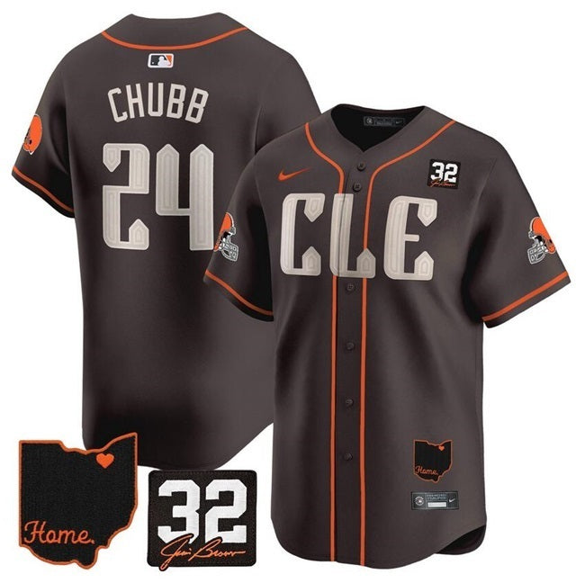 Cleveland Browns #24 Nick Chubb Brown With Jim Brown Memorial & Home Patch Baseball Jersey baseball jersey product view 1