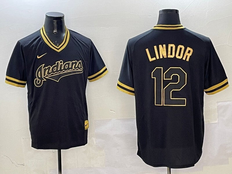 Cleveland Guardians #12 Francisco Lindor Indians Black Gold Adult Baseball Jersey baseball jersey product view 1