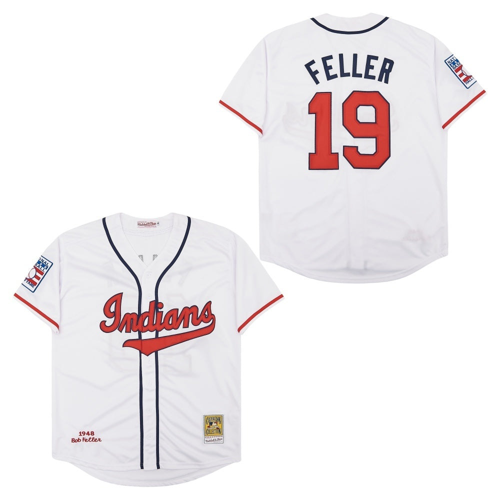 Cleveland Indians #19 Bob Feller Indians 19 # White Retro Baseball Jersey baseball jersey product view 1