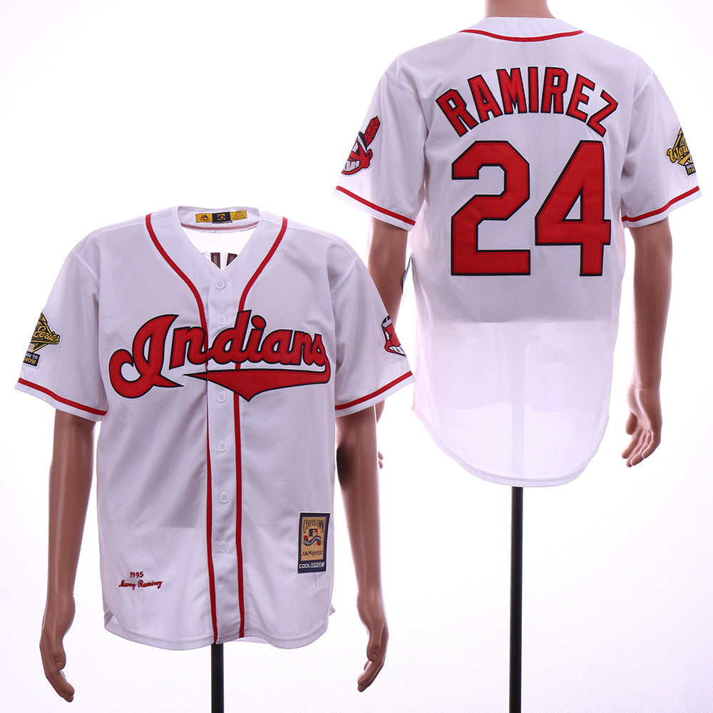 Cleveland Indians #24 Manny Ramirez Indians 24 White 1995 Retro Baseball Jersey baseball jersey product view 1