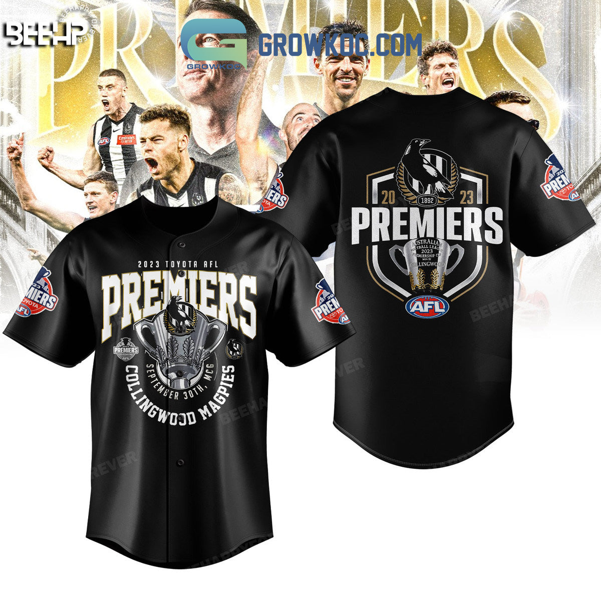 Collingwood Magpies AFL 2023 Premiers Baseball Jersey baseball jersey product view 1