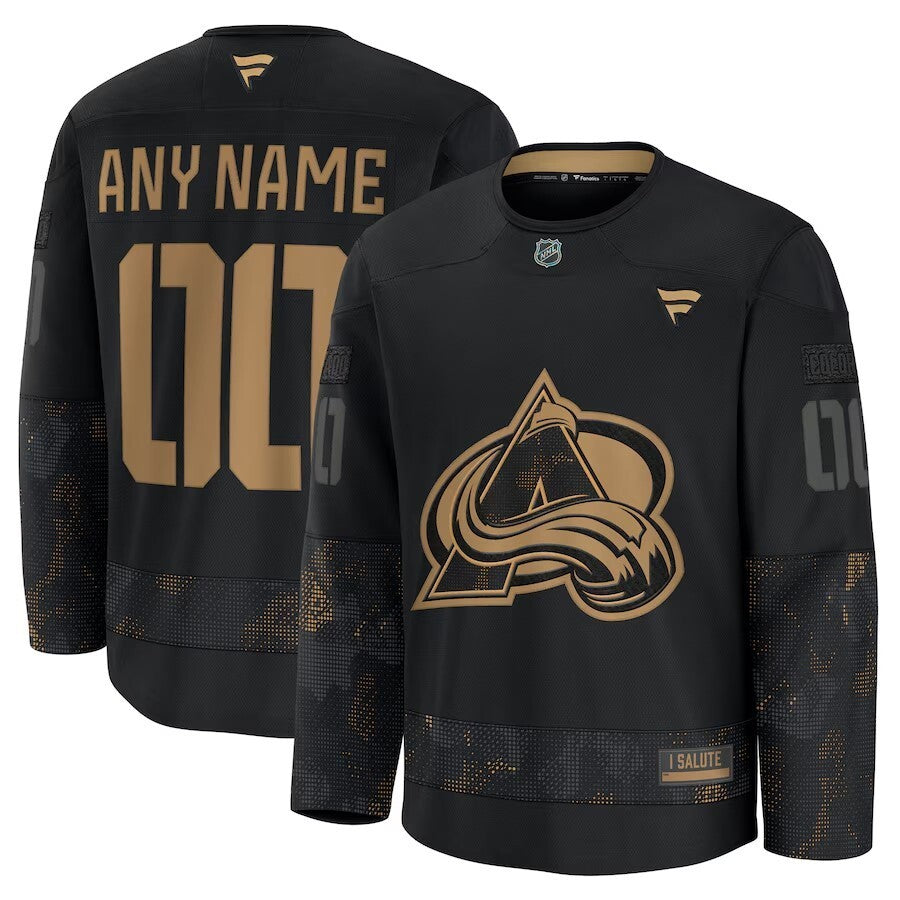 Colorado Avalanche 2024 Military Appreciation Personalized Long Sleeve Practice Jersey - Black hockey jersey product view 1