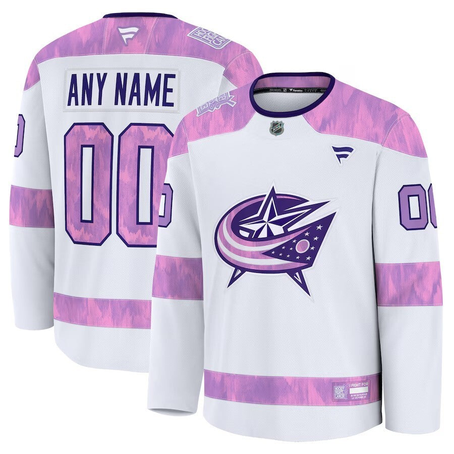 Columbus Blue Jackets Fanatics 2024 Hockey Fights Cancer Custom Practice Jersey - White Hockey Jersey hockey jersey product view 1