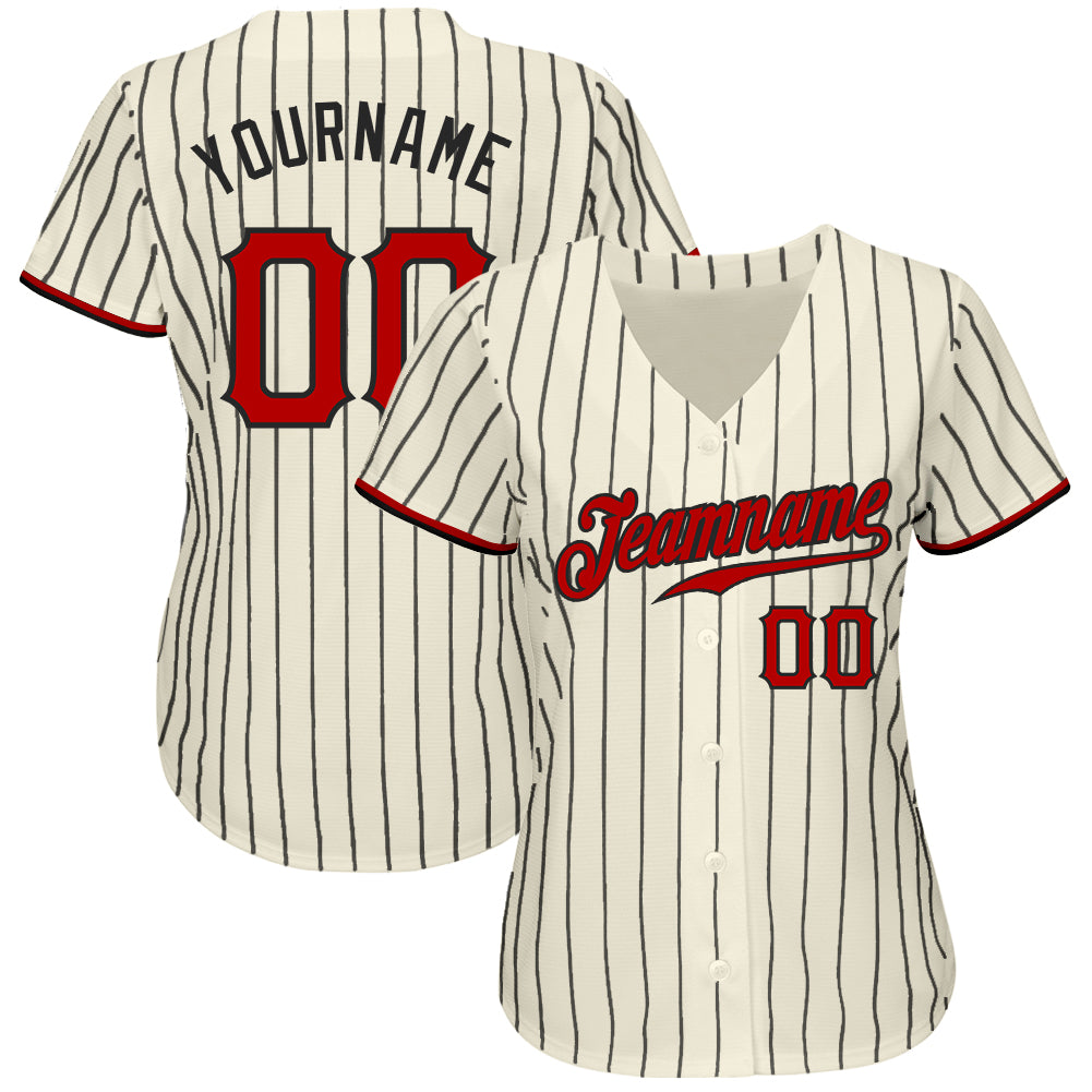 Custom Cream Black Pinstripe Red-Black Authentic Baseball Jersey baseball jersey product view 2