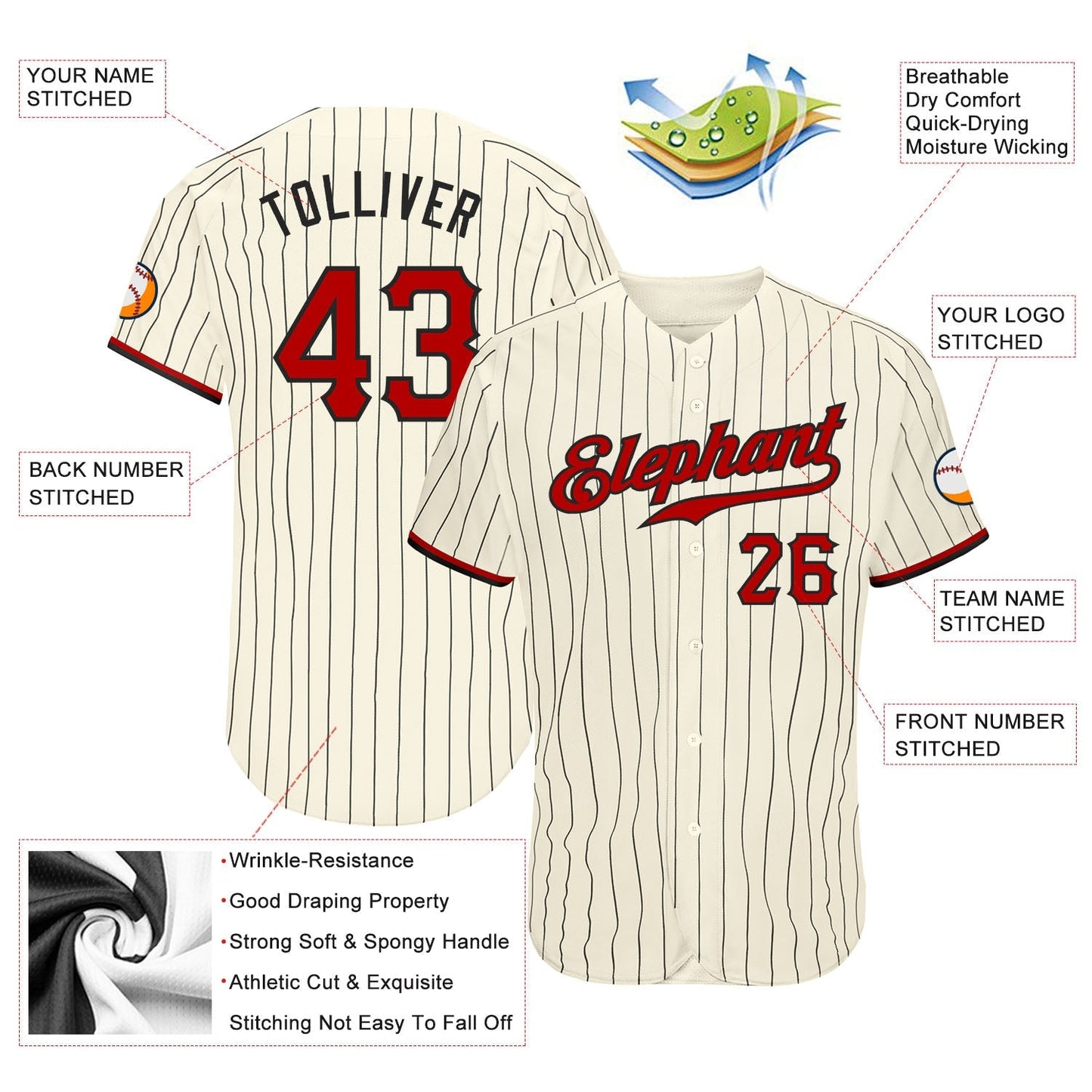Custom Cream Black Pinstripe Red-Black Authentic Baseball Jersey baseball jersey product view 3