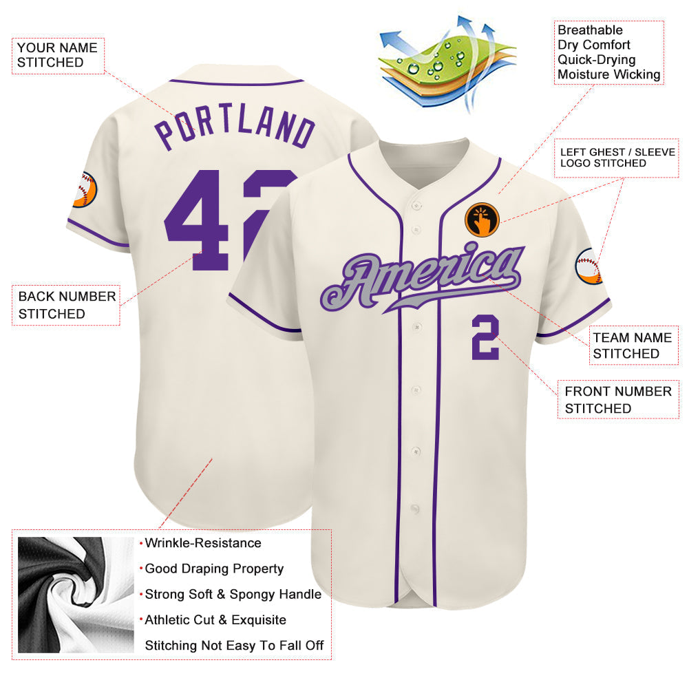 Custom Cream Purple-Gray Authentic Baseball Jersey baseball jersey product view 4