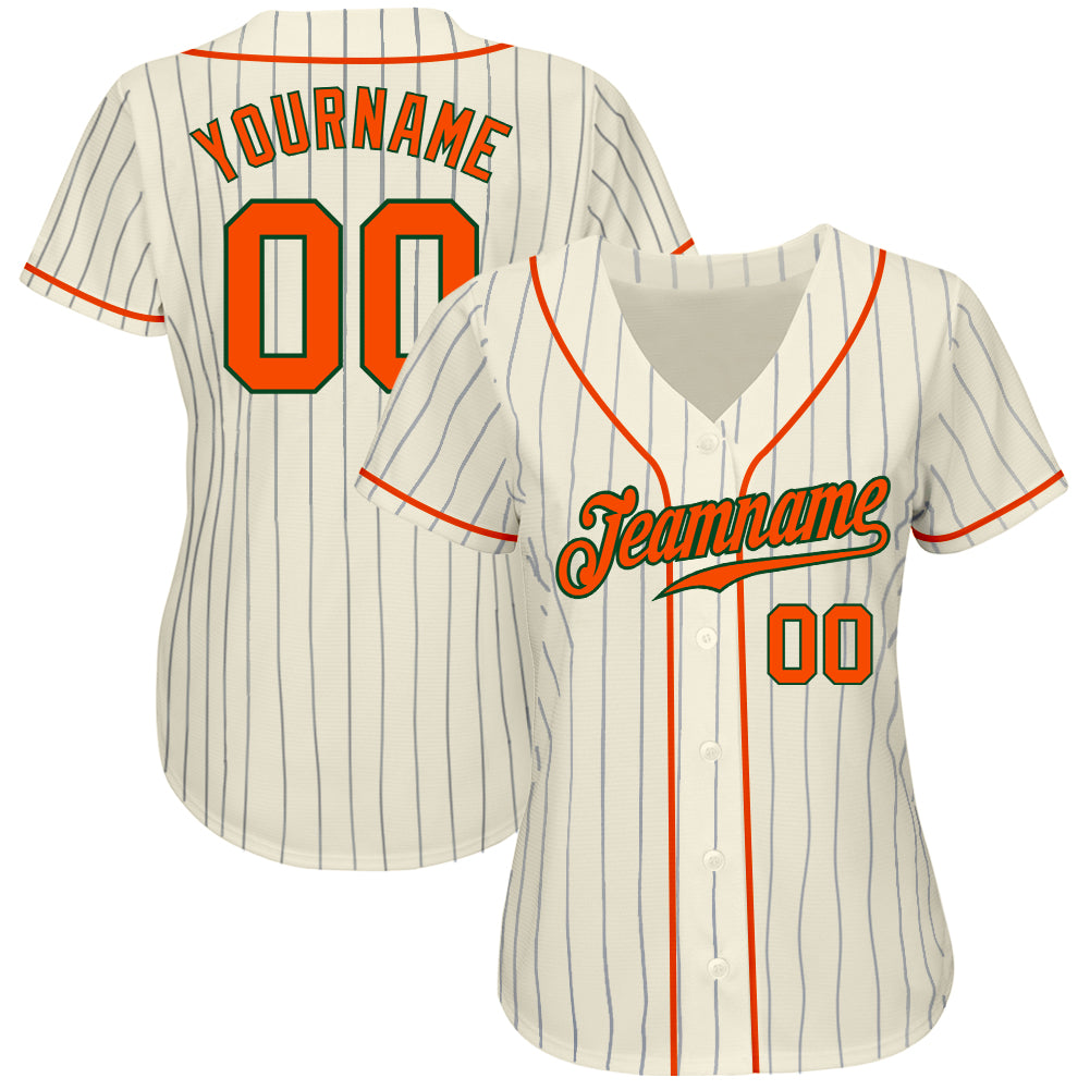 Custom Cream Navy Pinstripe Orange-Green Authentic Baseball Jersey baseball jersey product view 2