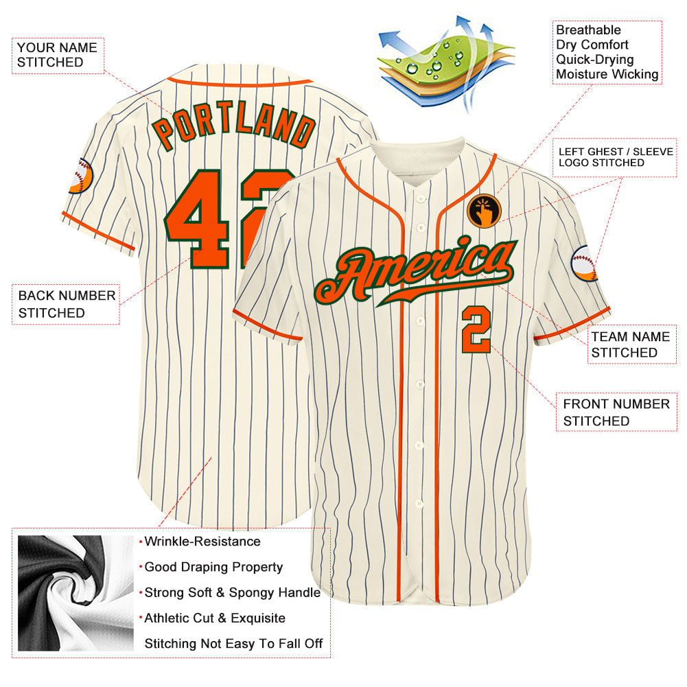 Custom Cream Navy Pinstripe Orange-Green Authentic Baseball Jersey baseball jersey product view 3