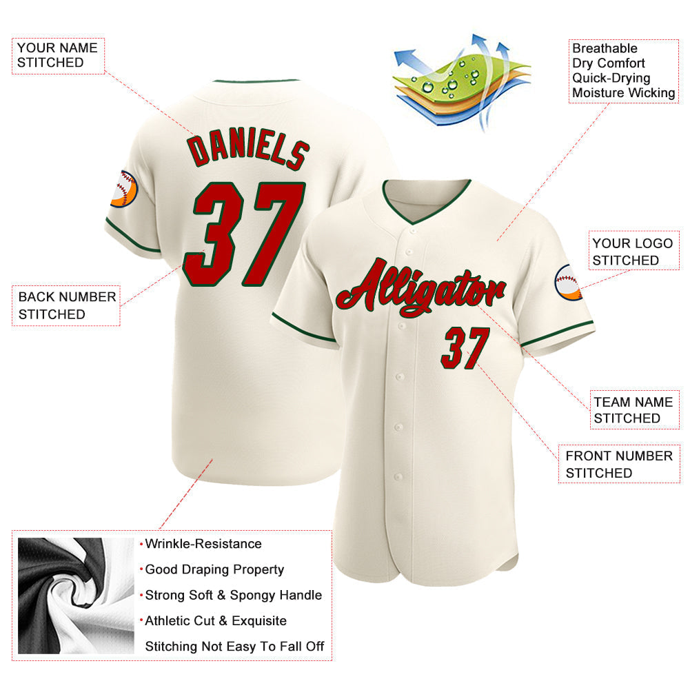 Custom Cream Red-Green Authentic Baseball Jersey baseball jersey product view 3