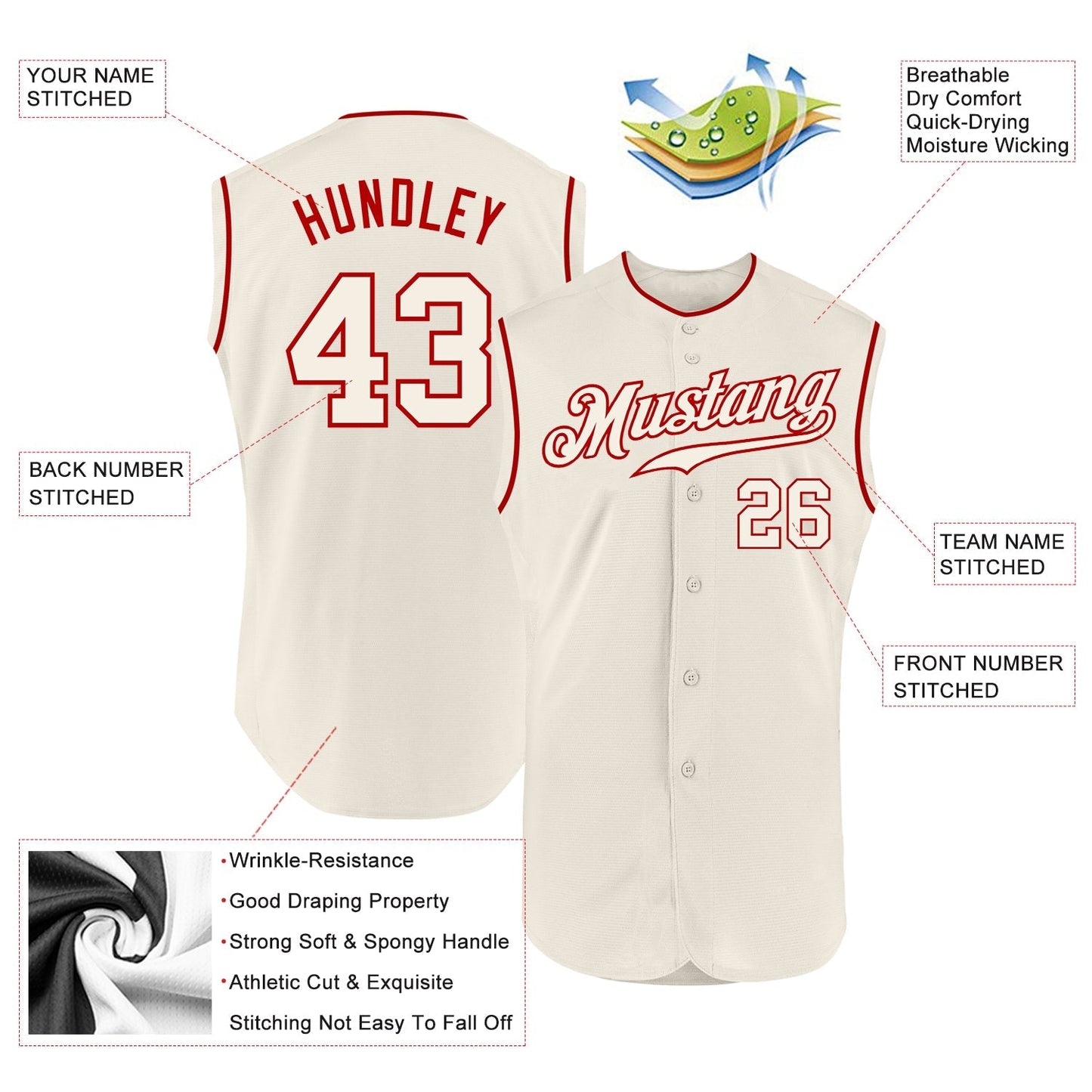 Custom Cream Cream-Red Authentic Sleeveless Baseball Jersey baseball jersey product view 2