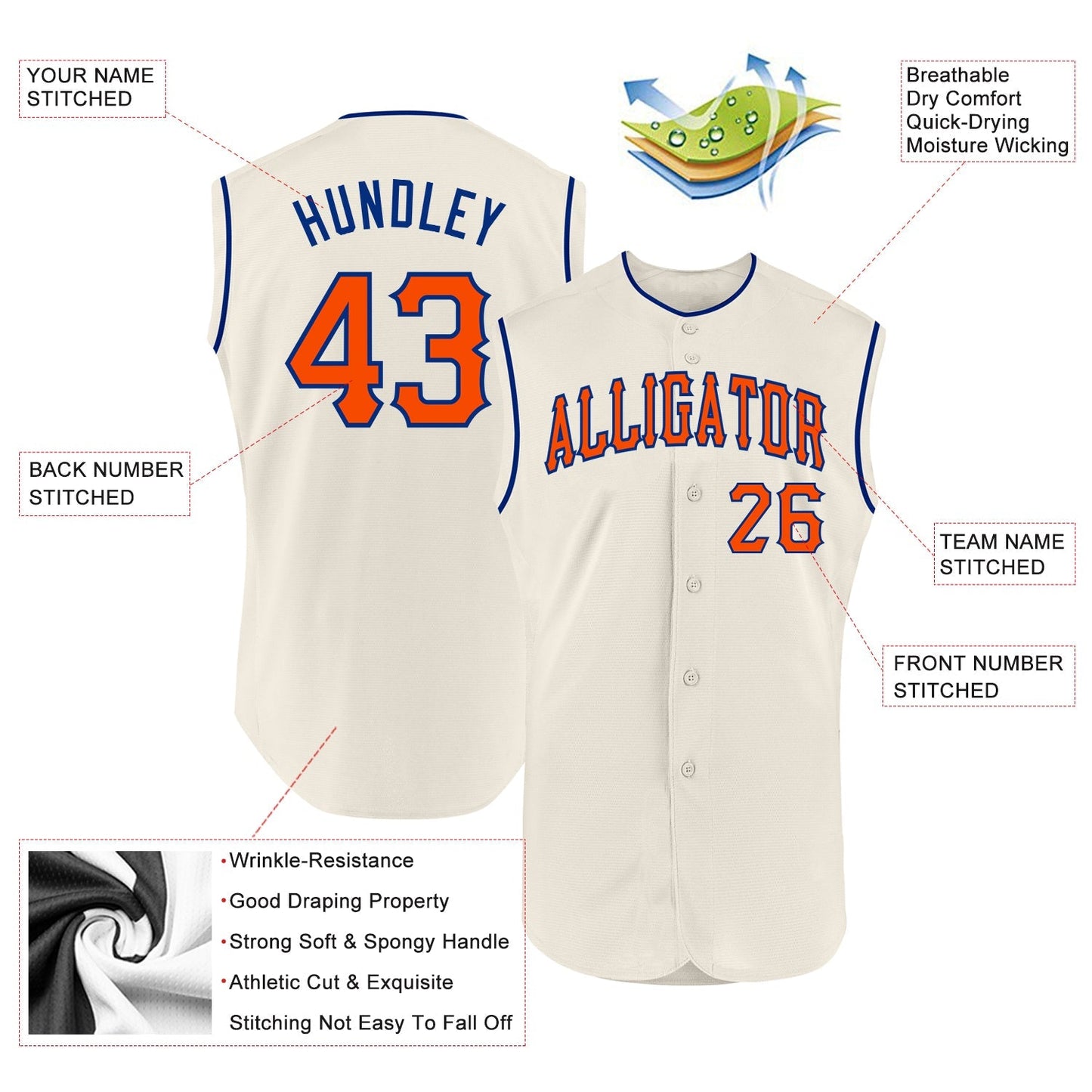 Custom Cream Orange-Royal Authentic Sleeveless Baseball Jersey baseball jersey product view 2