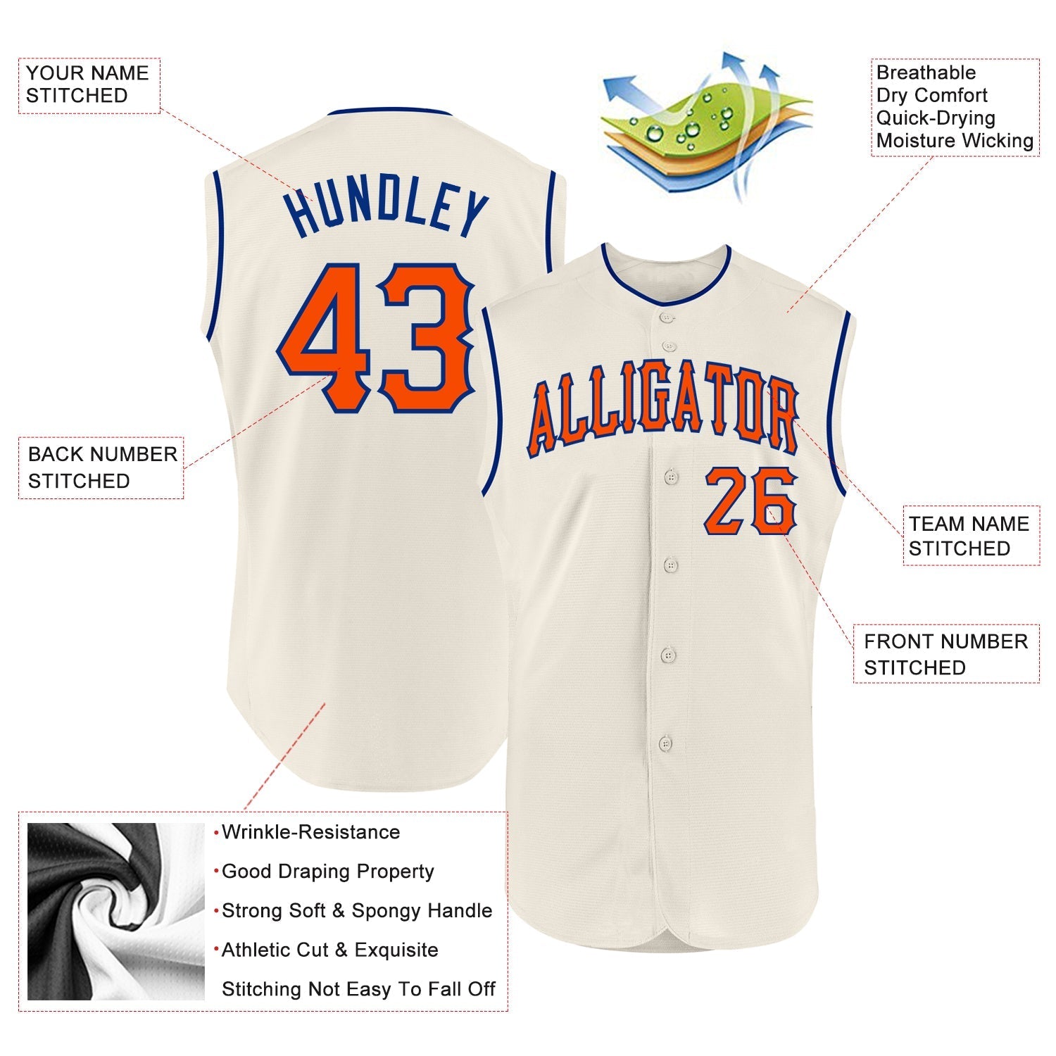 Custom Cream Orange-Royal Authentic Sleeveless Baseball Jersey baseball jersey product view 2