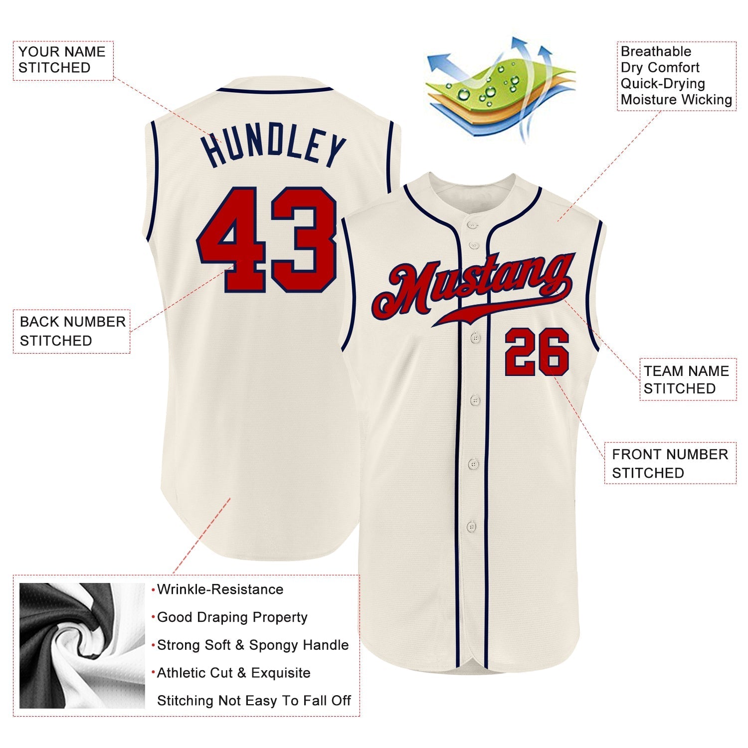 Custom Cream Red-Navy Authentic Sleeveless Baseball Jersey baseball jersey product view 2