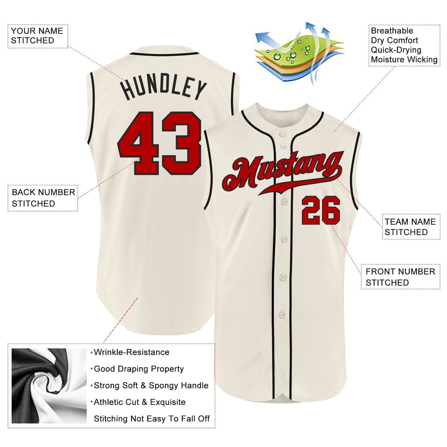 Custom Cream Red-Black Authentic Sleeveless Baseball Jersey baseball jersey product view 2