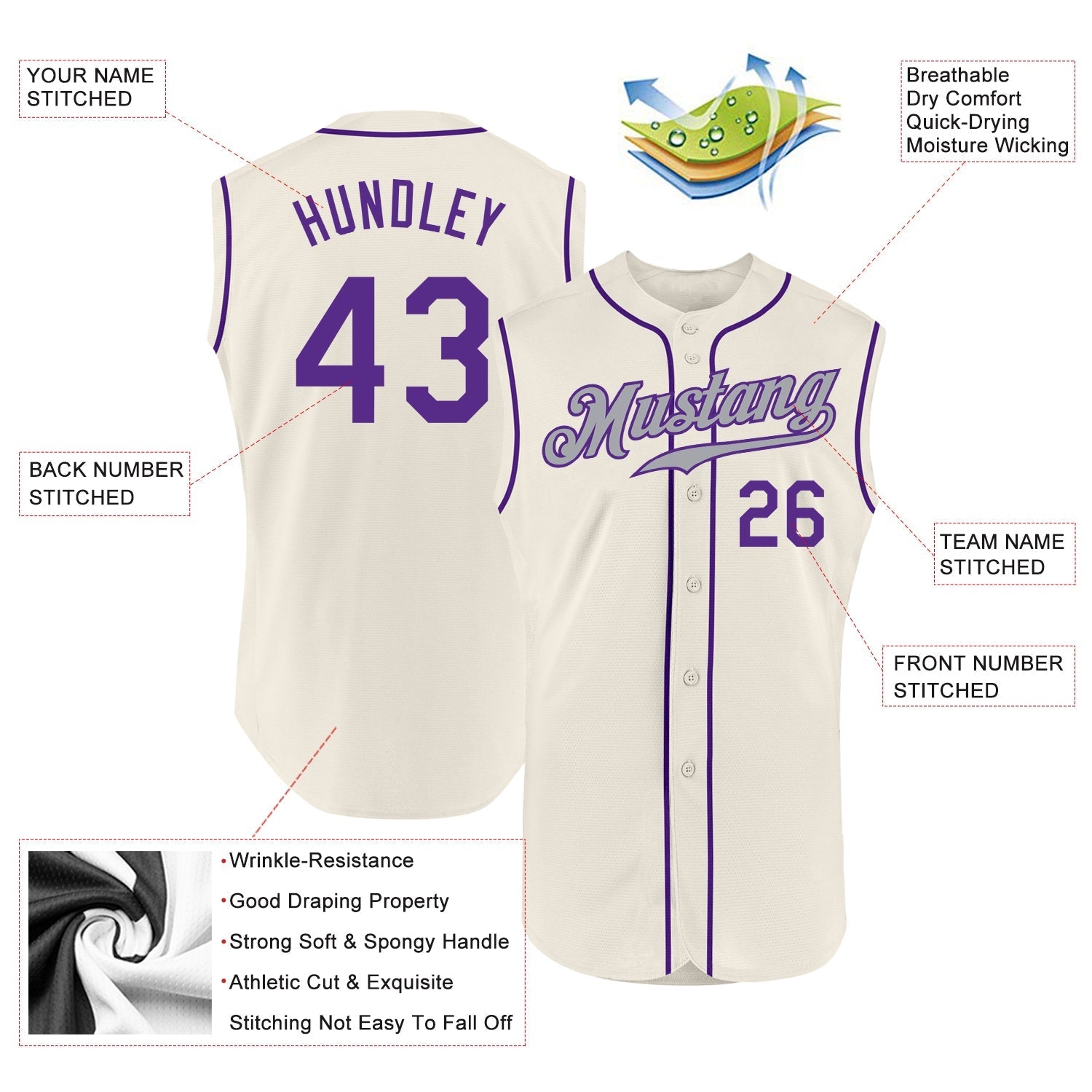 Custom Cream Purple-Gray Authentic Sleeveless Baseball Jersey baseball jersey product view 2