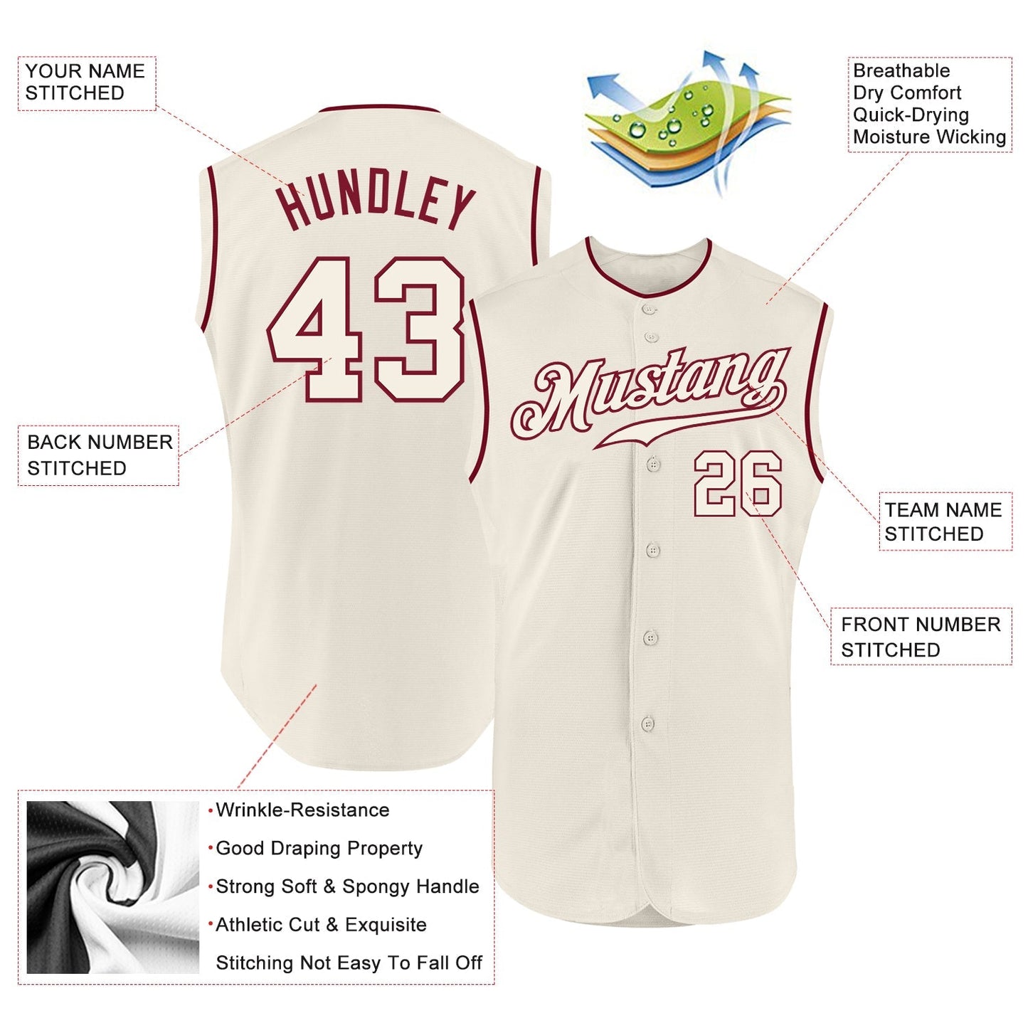 Custom Cream Cream-Crimson Authentic Sleeveless Baseball Jersey baseball jersey product view 2