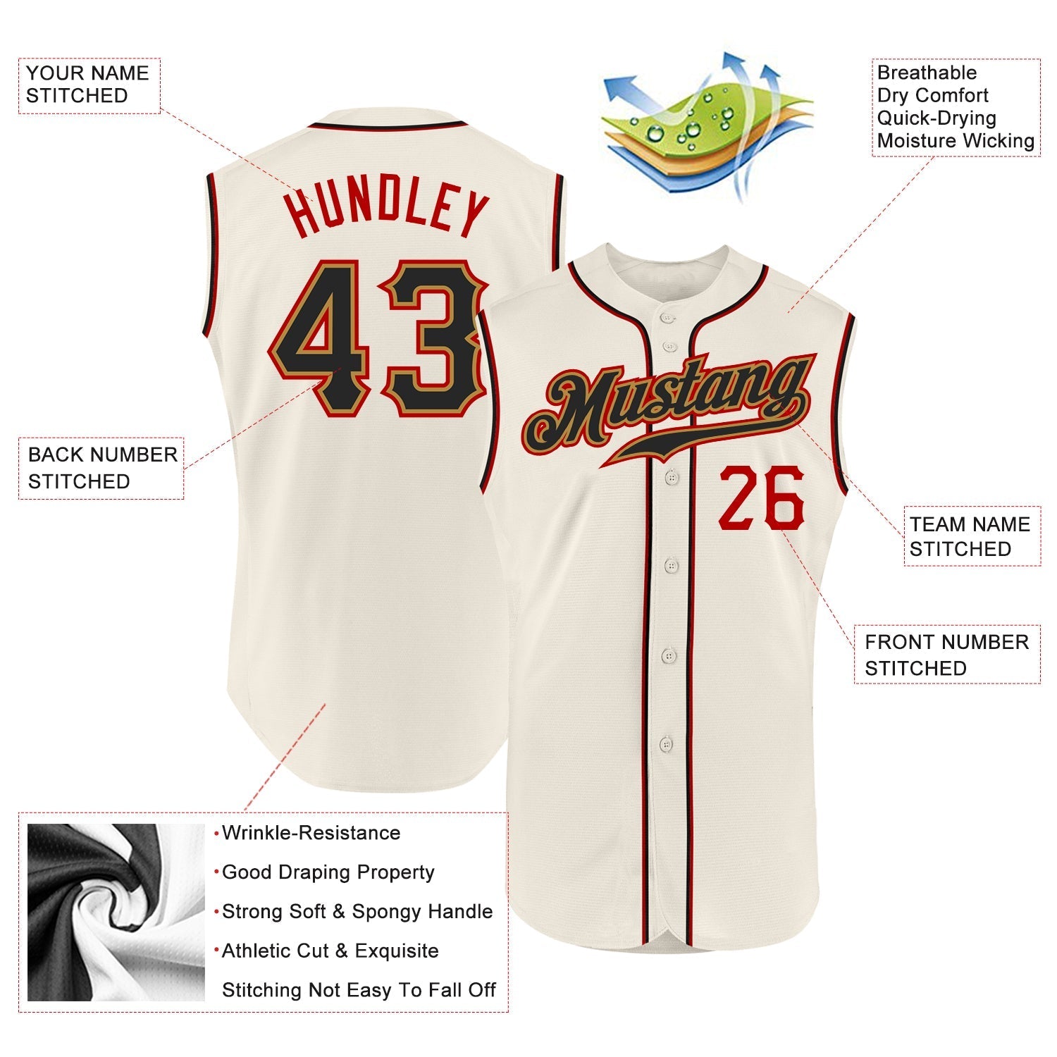Custom Cream Black-Red Authentic Sleeveless Baseball Jersey baseball jersey product view 2