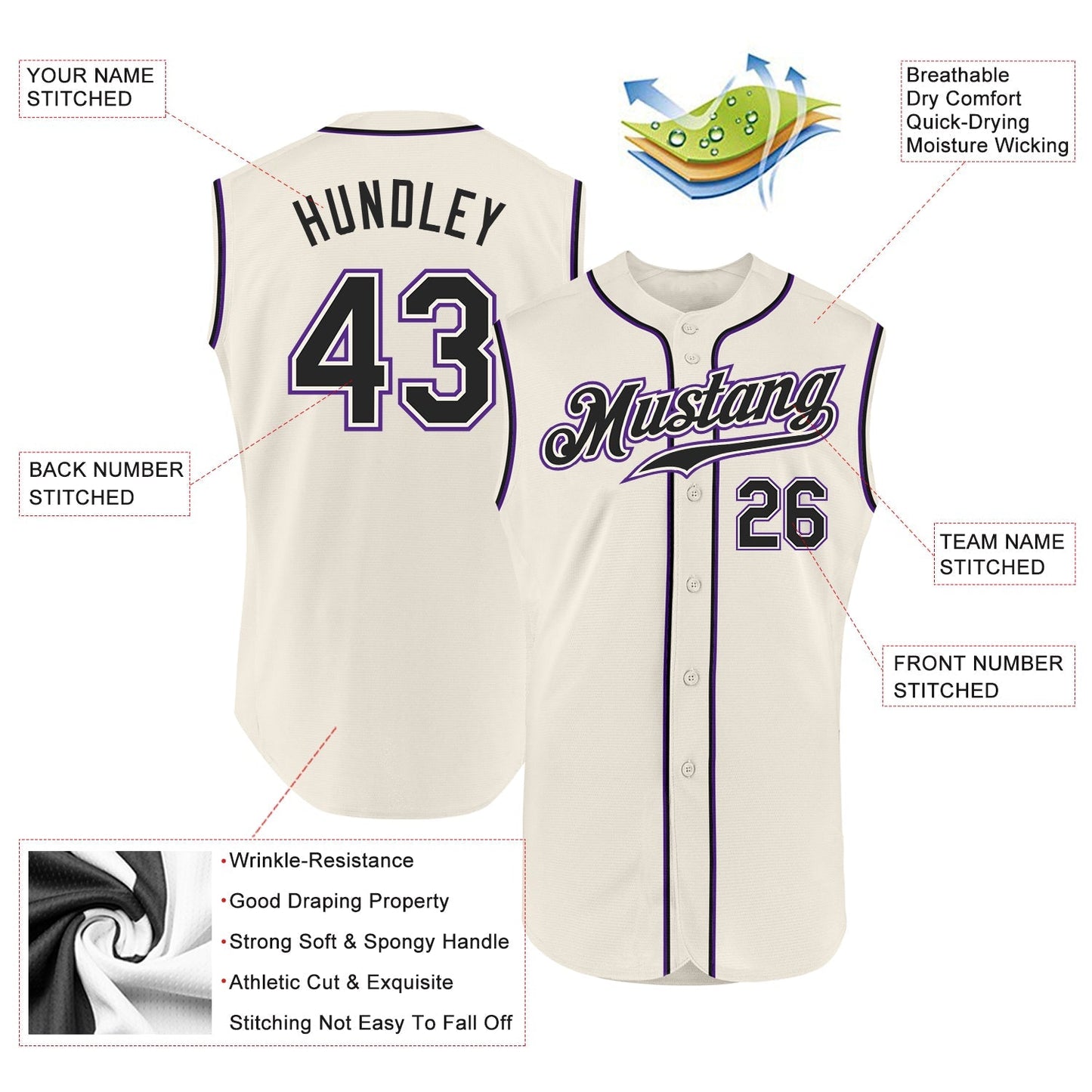 Custom Cream Black-Purple Authentic Sleeveless Baseball Jersey baseball jersey product view 2
