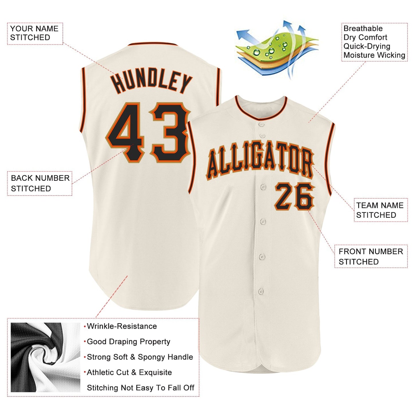 Custom Cream Black-Orange Authentic Sleeveless Baseball Jersey baseball jersey product view 2