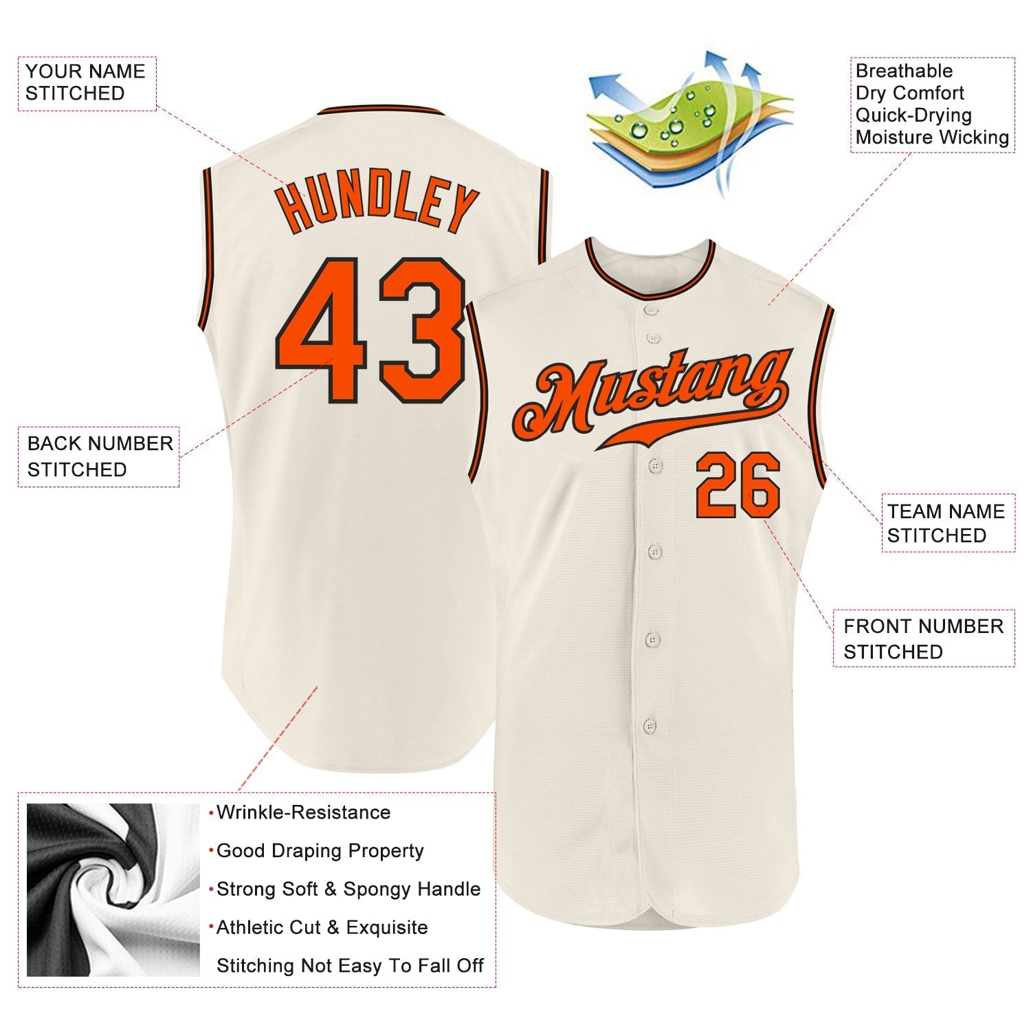 Custom Cream Orange-Black Authentic Sleeveless Baseball Jersey baseball jersey product view 2