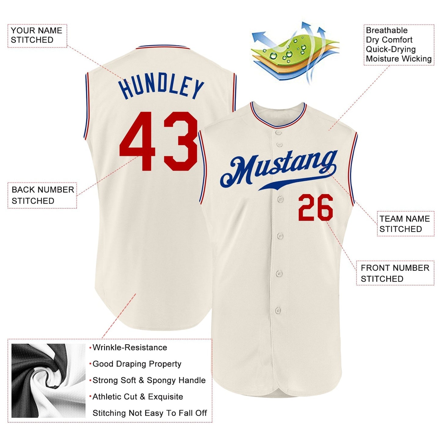Custom Cream Red-Royal Authentic Sleeveless Baseball Jersey baseball jersey product view 2
