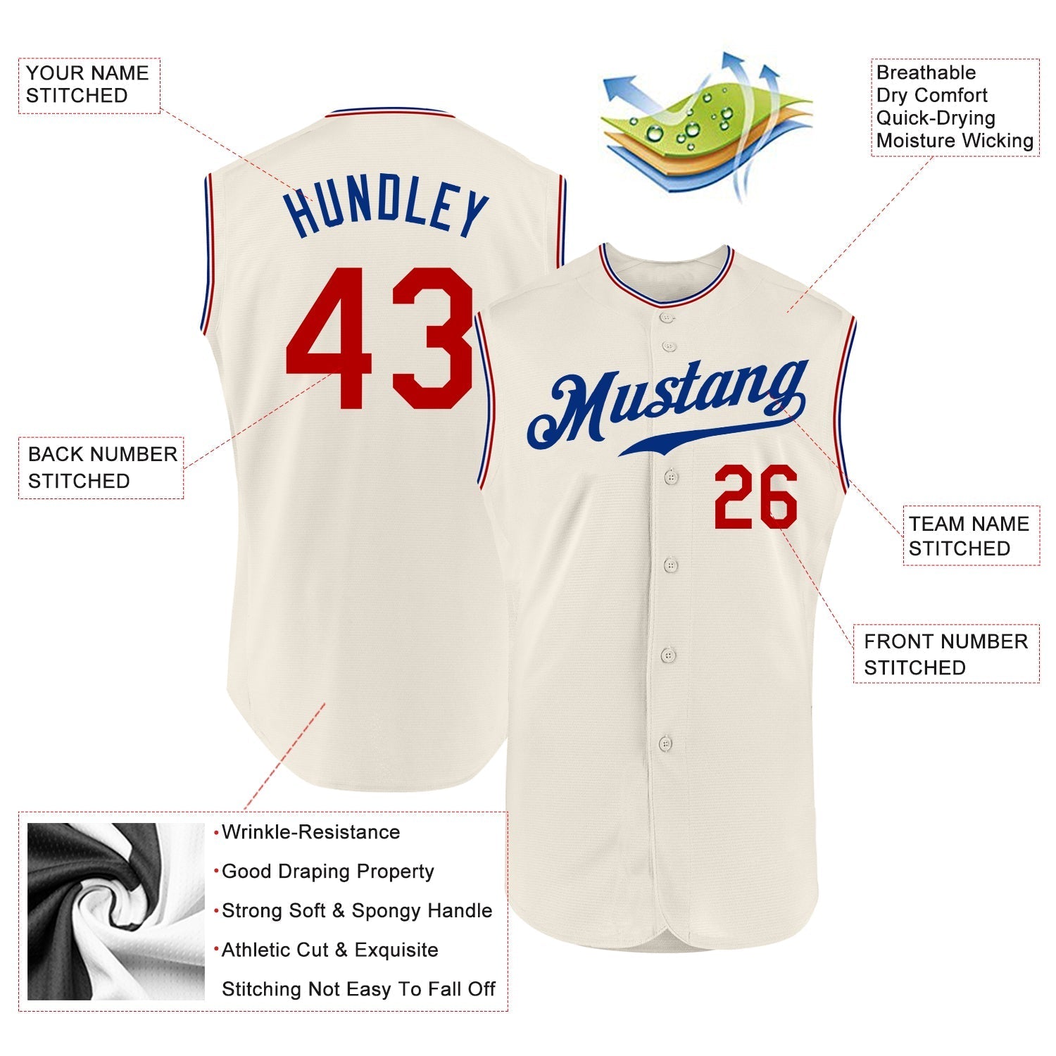 Custom Cream Red-Royal Authentic Sleeveless Baseball Jersey baseball jersey product view 2