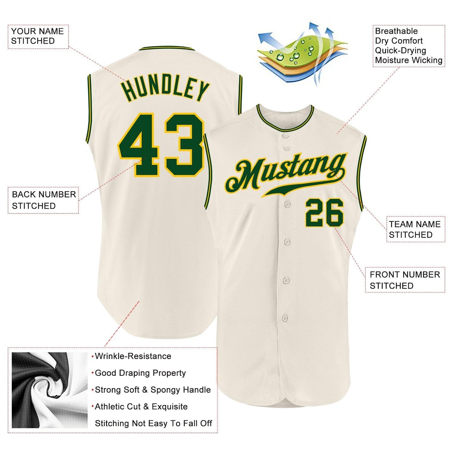 Custom Cream Green-Gold Authentic Sleeveless Baseball Jersey baseball jersey product view 2
