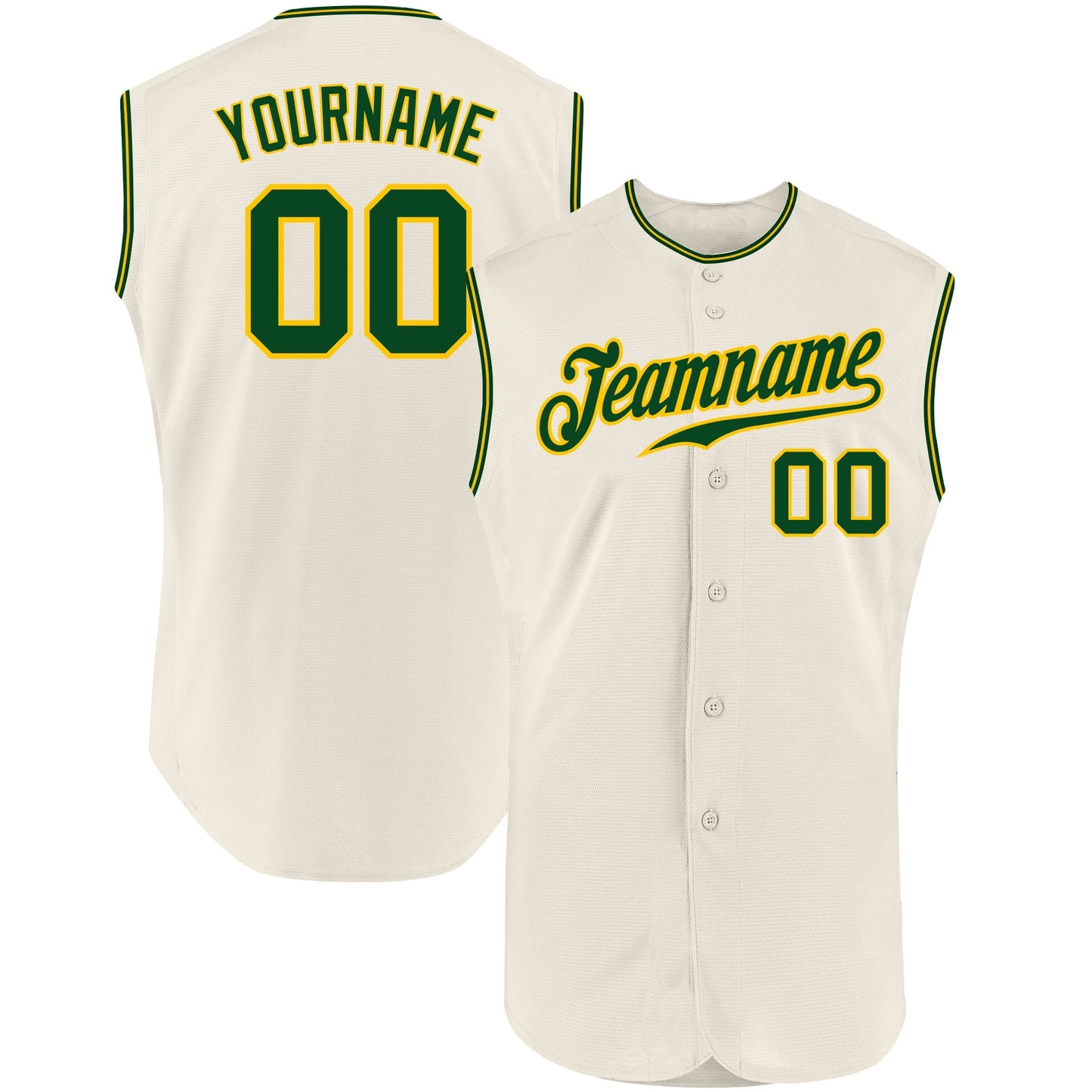 Custom Cream Green-Gold Authentic Sleeveless Baseball Jersey baseball jersey product view 1