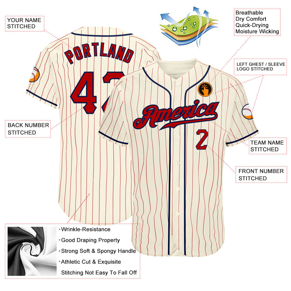 Custom Cream Red Pinstripe Red-Navy Authentic Baseball Jersey baseball jersey product view 3