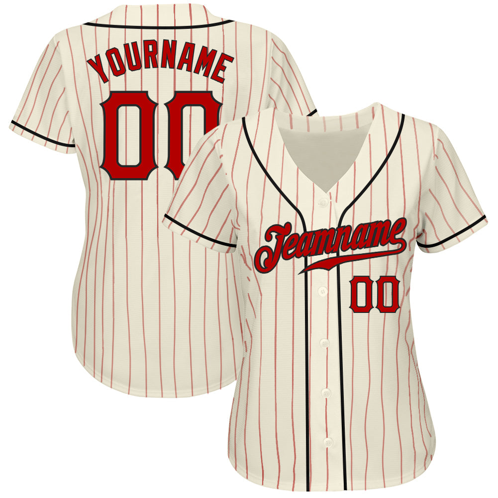 Custom Cream Red Pinstripe Red-Black Authentic Baseball Jersey baseball jersey product view 2