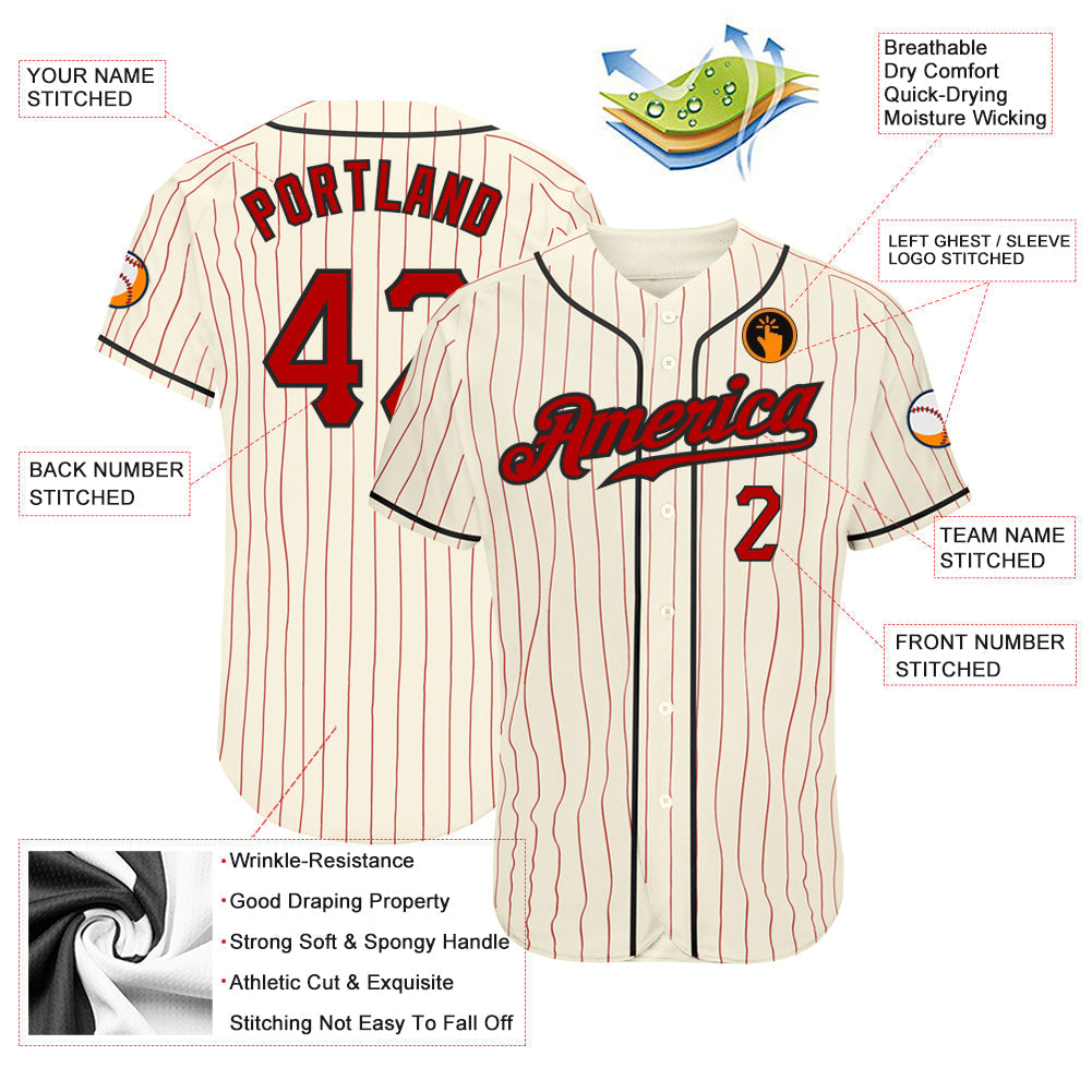 Custom Cream Red Pinstripe Red-Black Authentic Baseball Jersey baseball jersey product view 3