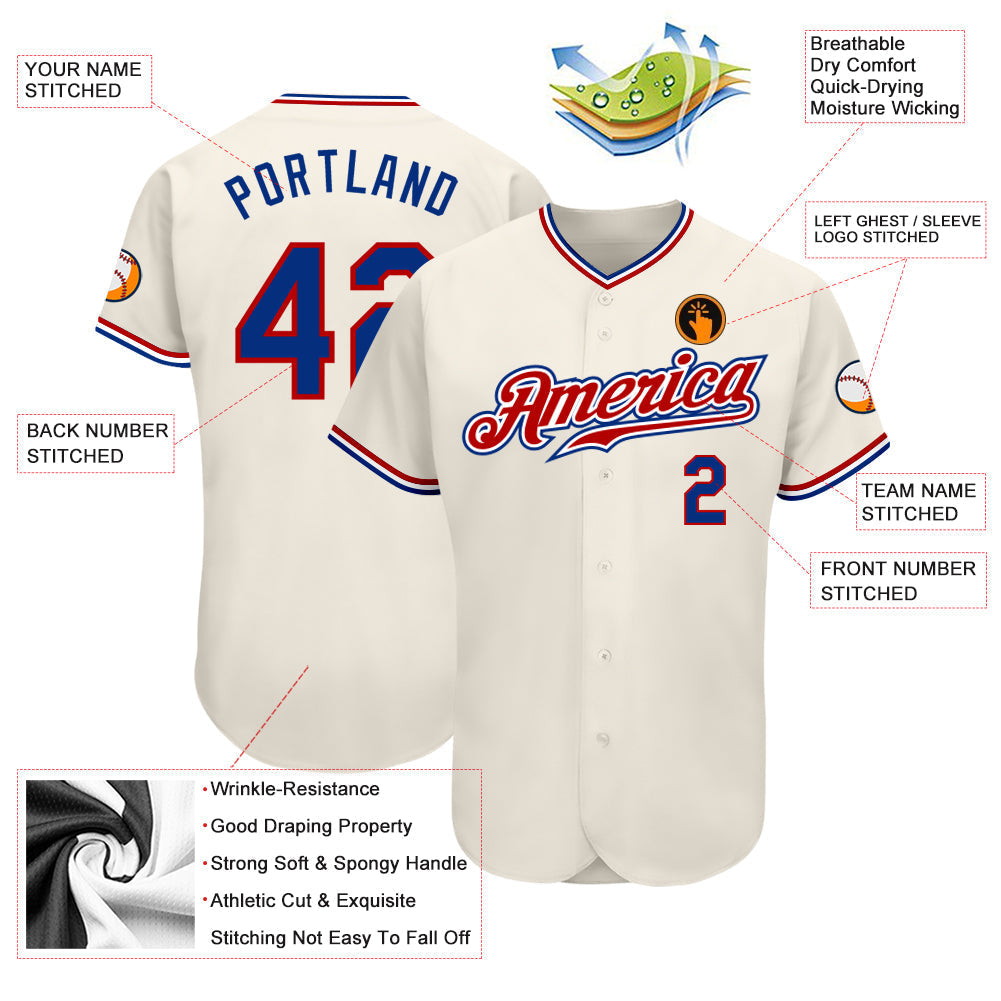Custom Cream Royal-Red Authentic Baseball Jersey baseball jersey product view 3
