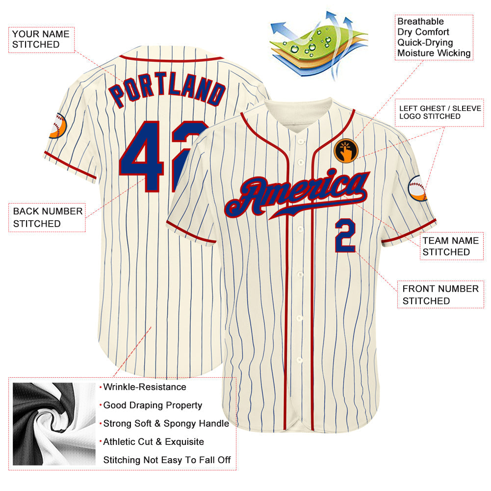 Custom Cream Royal Pinstripe Royal-Red Authentic Baseball Jersey baseball jersey product view 3