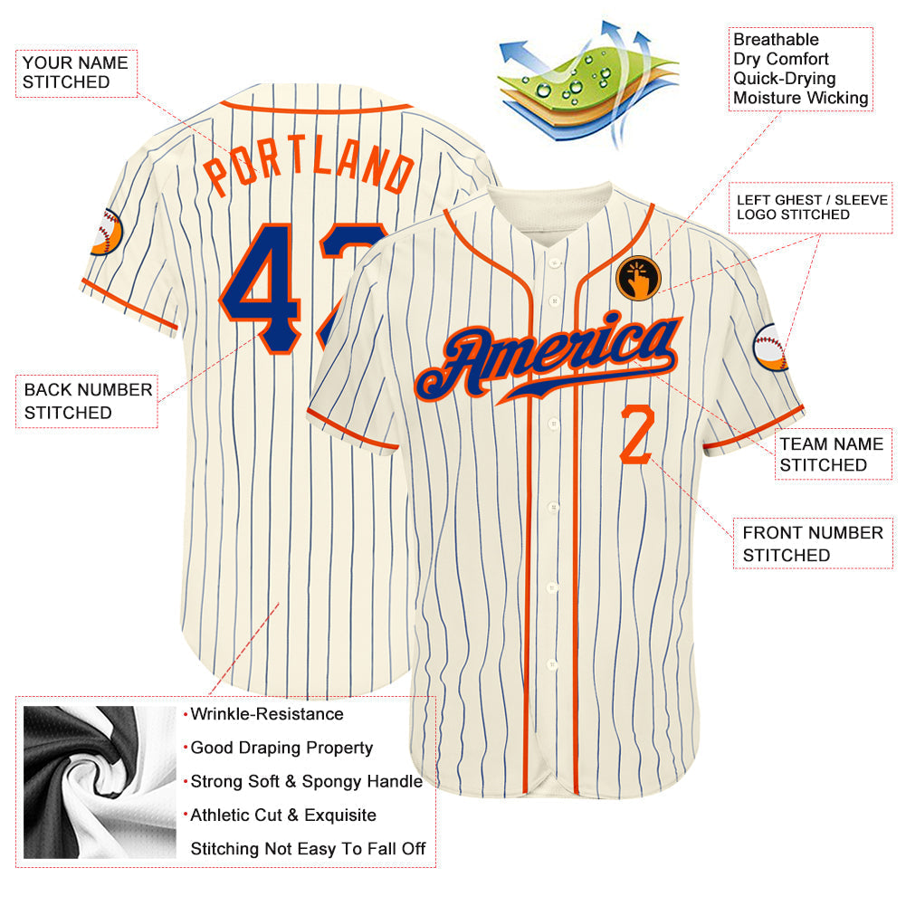 Custom Cream Royal Pinstripe Royal-Orange Authentic Baseball Jersey baseball jersey product view 4