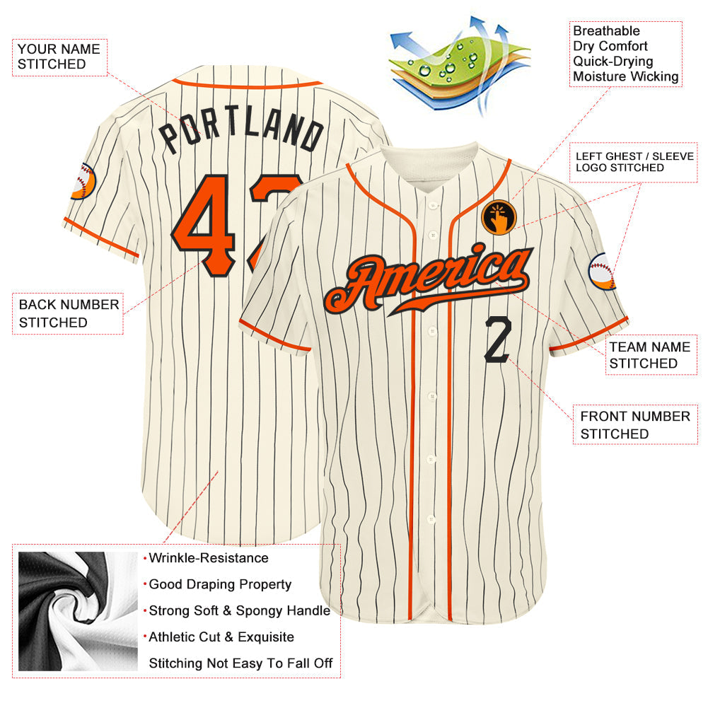 Custom Cream Black Pinstripe Orange-Black Authentic Baseball Jersey baseball jersey product view 4
