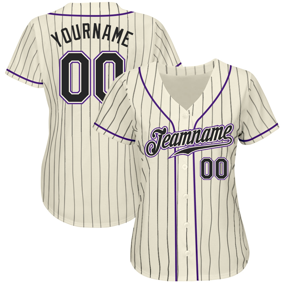 Custom Cream Black Pinstripe Black-Purple Authentic Baseball Jersey baseball jersey product view 2