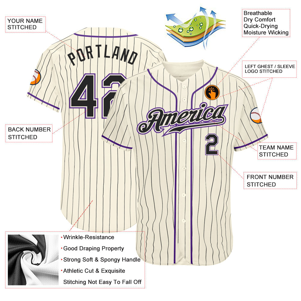 Custom Cream Black Pinstripe Black-Purple Authentic Baseball Jersey baseball jersey product view 3