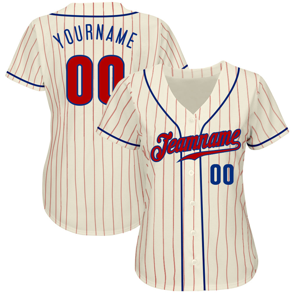 Custom Cream Red Pinstripe Red-Royal Authentic Baseball Jersey baseball jersey product view 2