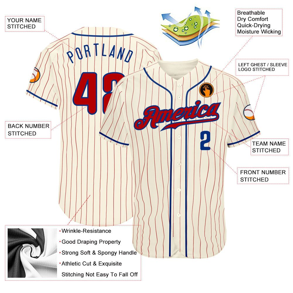 Custom Cream Red Pinstripe Red-Royal Authentic Baseball Jersey baseball jersey product view 3
