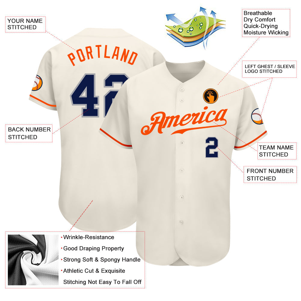 Custom Cream Navy-Orange Authentic Baseball Jersey baseball jersey product view 3