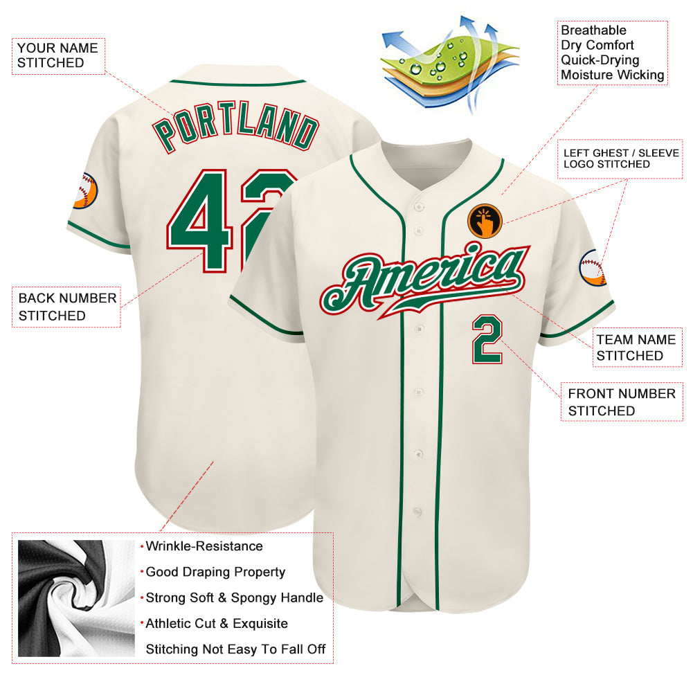 Custom Cream Kelly Green-Red Authentic Baseball Jersey baseball jersey product view 3