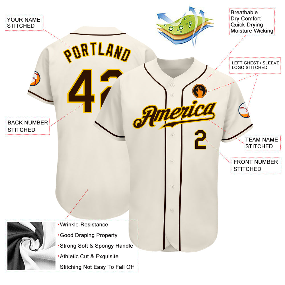 Custom Cream Brown-Gold Authentic Baseball Jersey baseball jersey product view 3