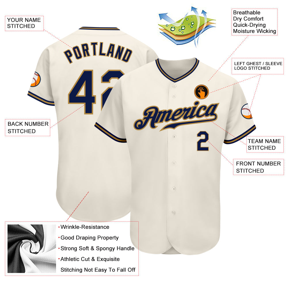 Custom Cream Navy-Old Gold Authentic Baseball Jersey baseball jersey product view 3